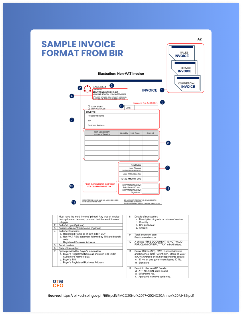 Sample format of a non-VAT invoice from BIR